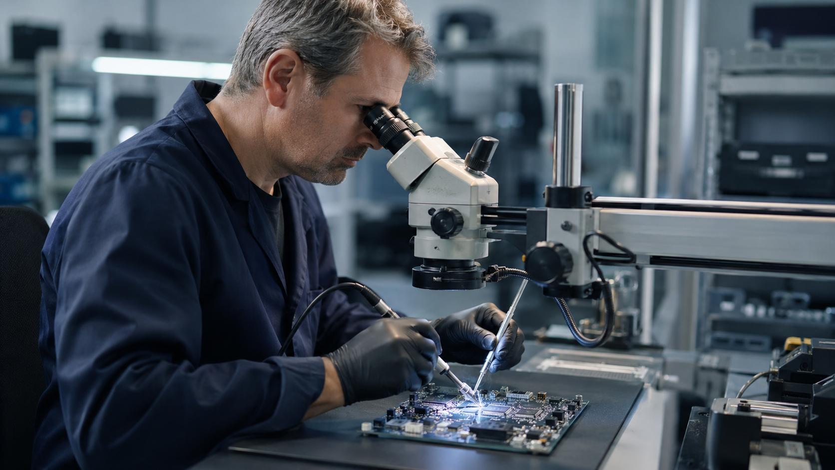 Präzise Nacharbeit einer Baugruppe unter dem Stereomikroskop